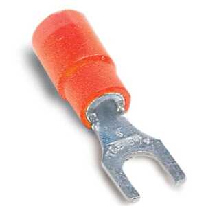 Sta-Kon Expanded Vinyl-Insulated Fork Terminal, Length .97", Width .31", Maximum Insulation .170", Bolt Hole 10, Wire Range 22-16 AWG, Red, Copper, Tin Plated, 100 Pack