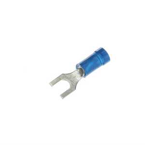Sta-Kon Expanded Vinyl-Insulated Fork Terminal, Length .97", Width .31", Maximum Insulation .200", Bolt Hole 8, Wire Range 18-14 AWG, Blue, Copper, Tin Plated, 100 Pack