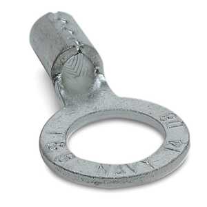 Sta-Kon Non-Insulated Large Brazed Seam Ring Terminal, Length 1.32", Width .60", Bolt Hole 3/8", Wire Range 6 AWG, Copper, Nickel Plate, 200 Pack