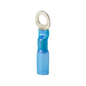Sta-Kon Heat Shrinkable Ring Terminal, Length 1.23", Width .25", Bolt Hole #8, Wire Range 16-14 AWG, Blue, Copper, Tin Plate, 100 Pack