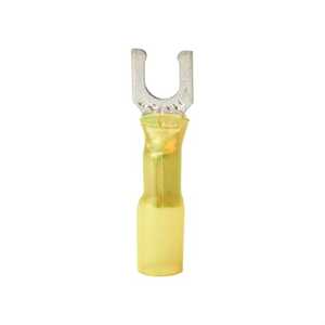 Sta-Kon Heat Shrinkable Locking Fork Terminal, Length 1.35", Width .37", Maximum Insulation .250", Bolt Hole 10, Wire Range 12-10 AWG, Yellow, Copper, Tin Plated, 50 Pack