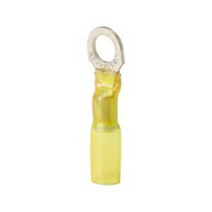 Sta-Kon Heat Shrinkable Ring Terminal, Length 1.34", Width .49", Bolt Hole 1/4", Wire Range 12-10 AWG, Yellow, Copper, Tin Plate, 50 Pack