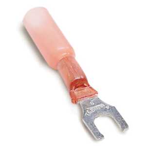 Sta-Kon Heat Shrinkable Locking Fork Terminal, Length 1.35", Width .25", Maximum Insulation .170", Bolt Hole 6, Wire Range 22-18 AWG, Red, Copper, Tin Plated, 100 Pack