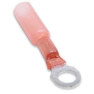 Sta-Kon Heat Shrinkable Ring Terminal, Length 1.26", Width .31", Bolt Hole #8, Wire Range 22-18 AWG, Red, Copper, Tin Plate, 100 Pack