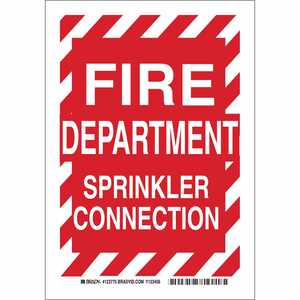 Brady Fire Department Sprinkler Connection Sign, 14" H x 10" W, Aluminum, Red/White