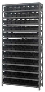 Quantum Storage Economy 4" Shelf Bin Shelving System, 36" x 12" x 75", Galvanized Steel, 96 Black Bins