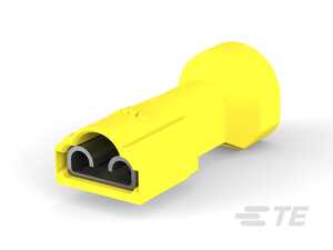 AMP Quick Disconnect Receptacle, Fully Nylon Insulated, 12-10 AWG, 6.35 mm x .81 mm Tab Size, F-Crimp, 23.75 mm L, Brass, Tin Plated, Yellow, Ultra-Fast 250, 1500/Reel, Strip Form